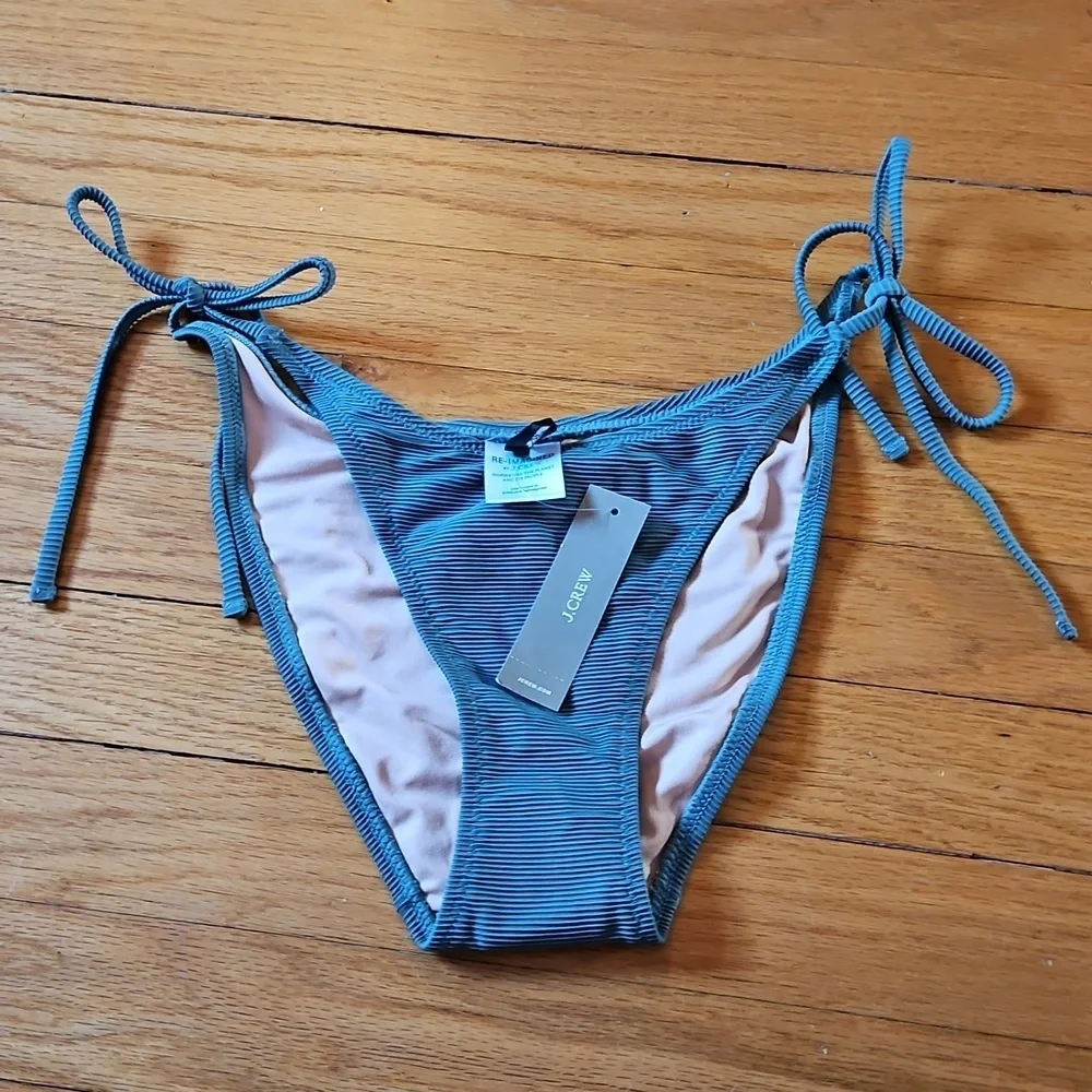 J Crew Green-Gray Textured Bikini Bottom, Side Tie, New With Tags & Liner, Sz S